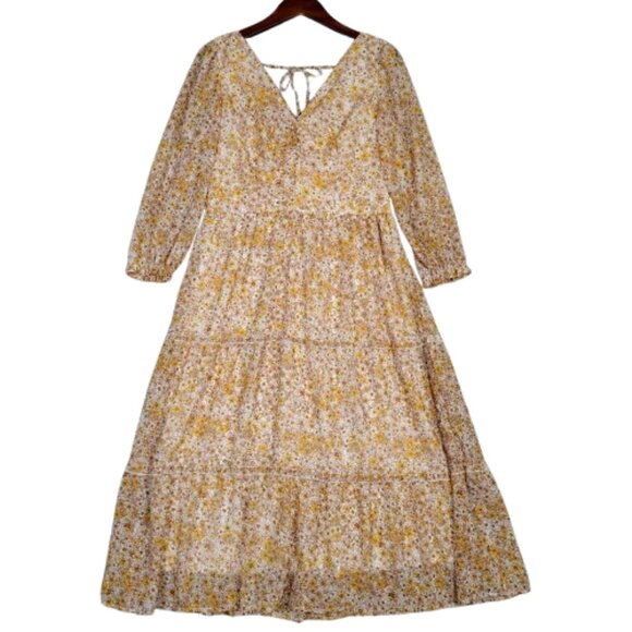 Sincerely Jules Dresses & Skirts - Sincerely Jules Dress Womens XL Yellow Floral Smocked Ruffle Long Sleeve Cottage